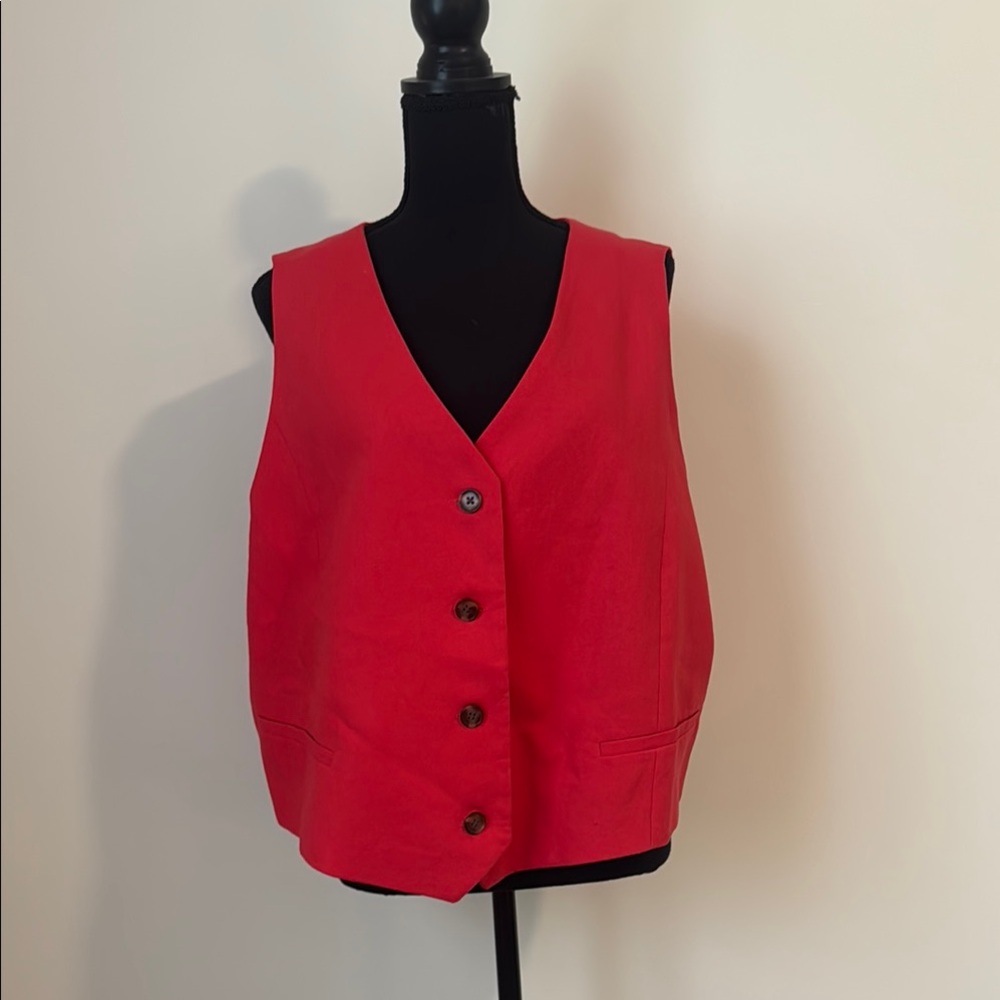 Vibrant Coral Linen Button-Up Vest